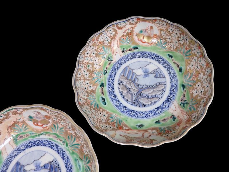 古伊万里　金襴手　桜花に春駒の図　膾皿　２客　F026AS-CVl