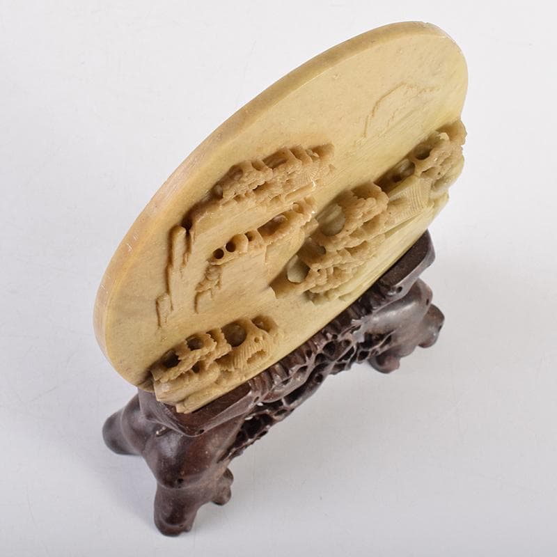 中国　玉石蝋石青田石彫刻　楼閣山水雕　硯屏　置物　V　R8517