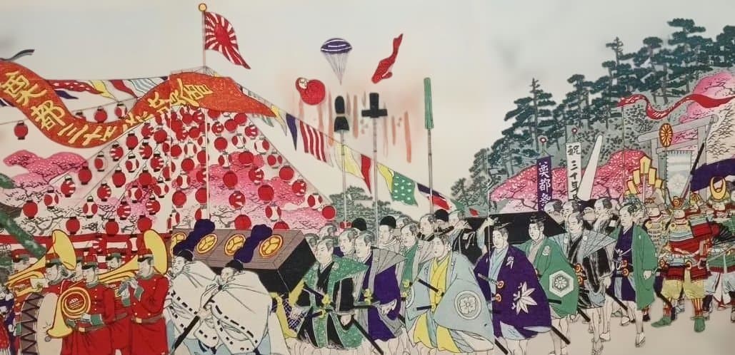 浮世絵版画奠都三十年祭祝賀會上野公園天覧行列之図三枚綴り、楊斎延一画、明治30年