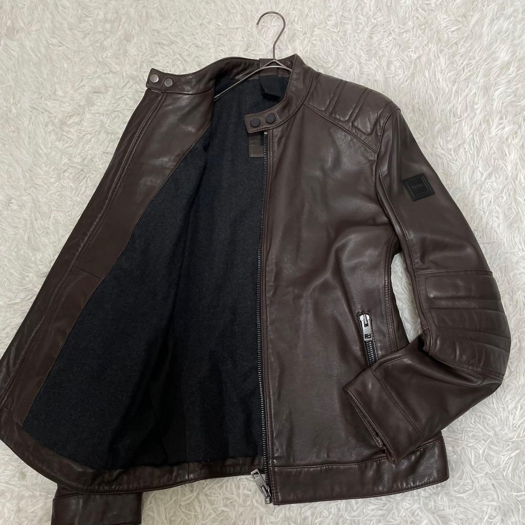 極美品 ヒューゴボス シングルライダースジャケット ブラウン 48 XL
