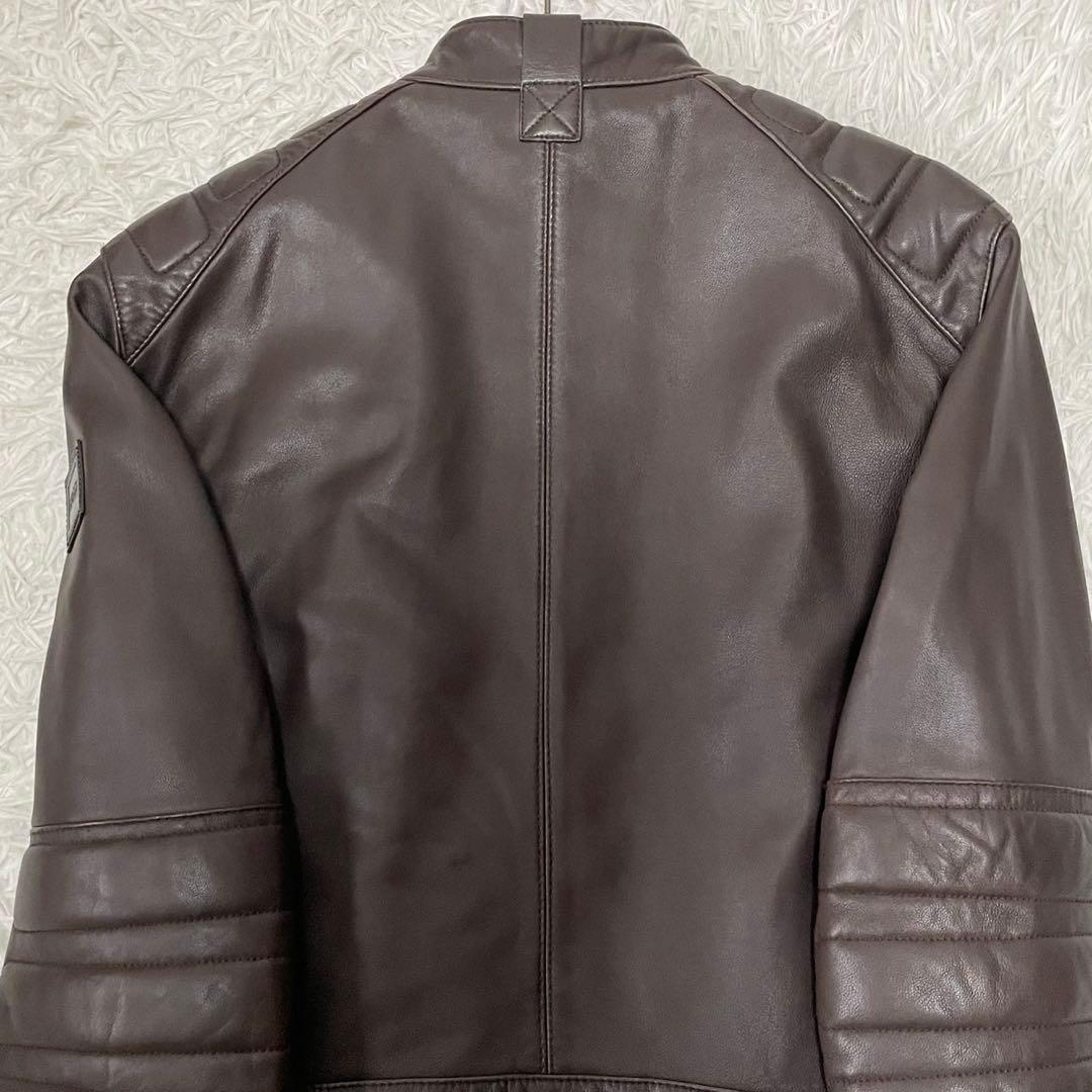 極美品 ヒューゴボス シングルライダースジャケット ブラウン 48 XL