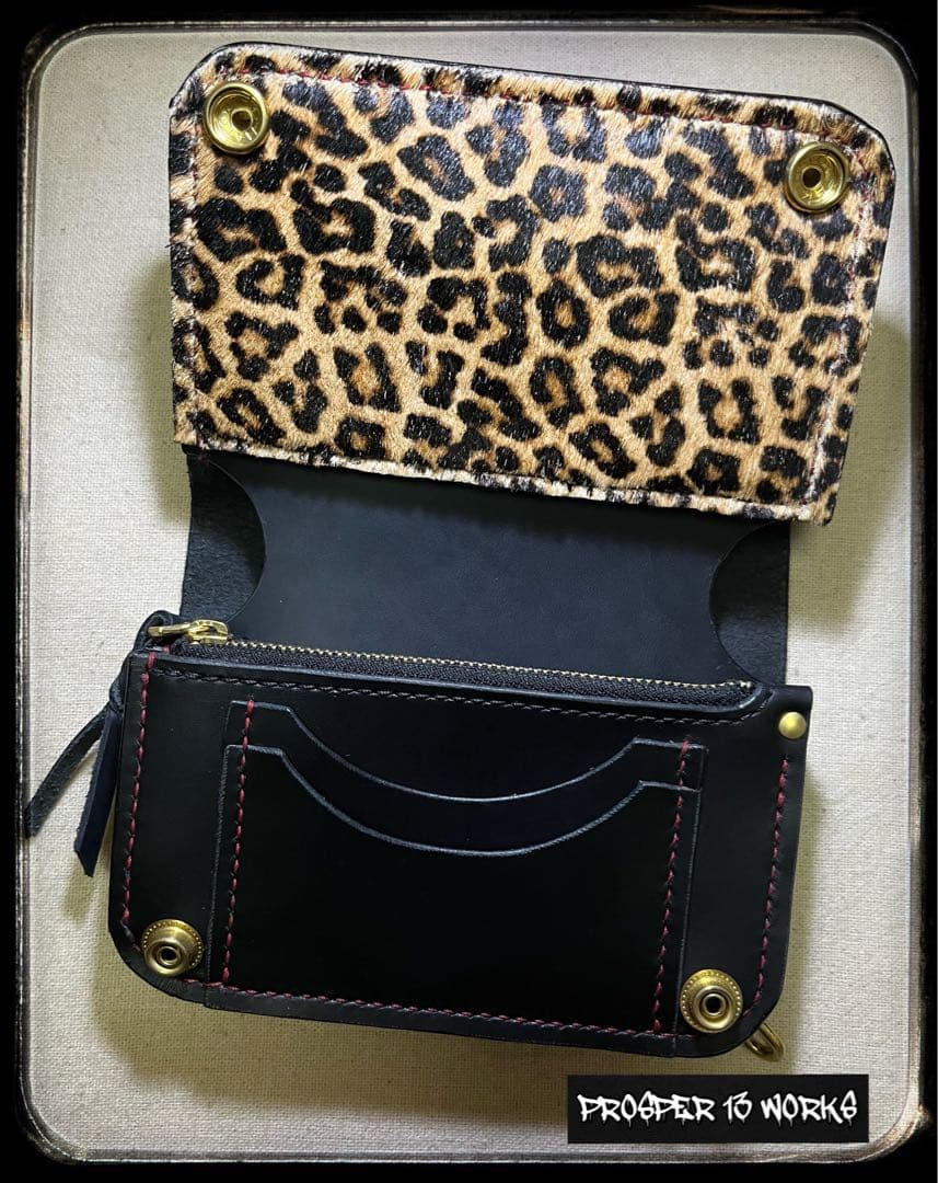 ミドル トラッカーウォレット ポケット部分本革ハラコ豹柄 3層 姫路レザー