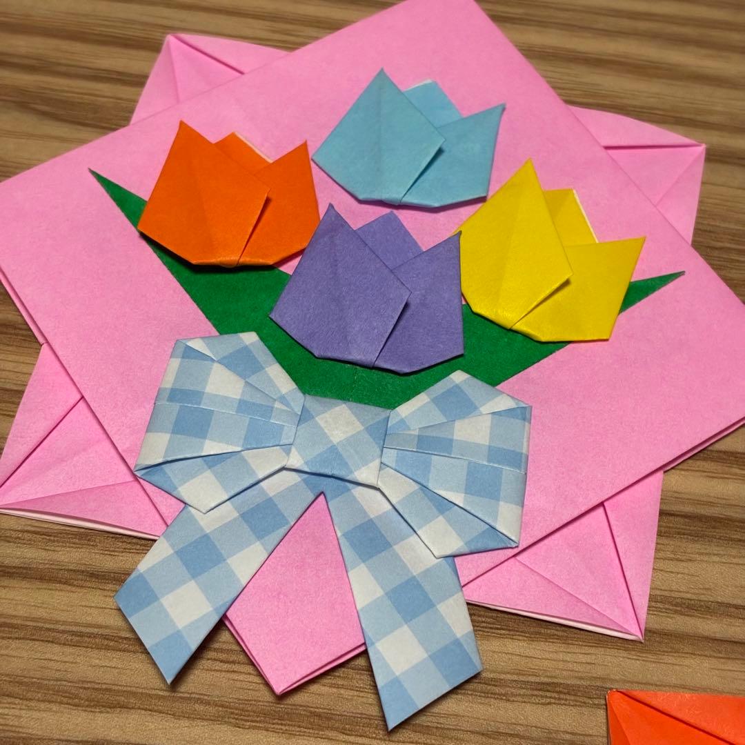 折り紙メダル　チューリップ花束　６０枚　メッセージカード