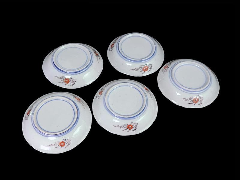 古伊万里　金襴手　岩に花の図　４寸皿　５枚　D467AS-CVt