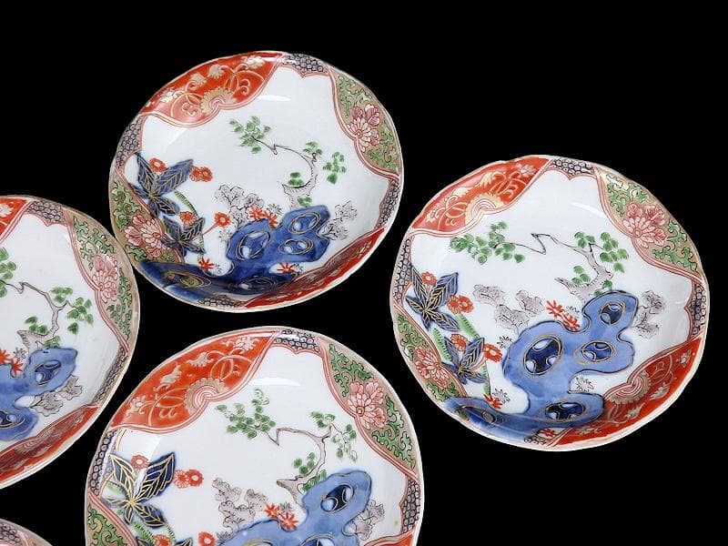 古伊万里　金襴手　岩に花の図　４寸皿　５枚　D467AS-CVt