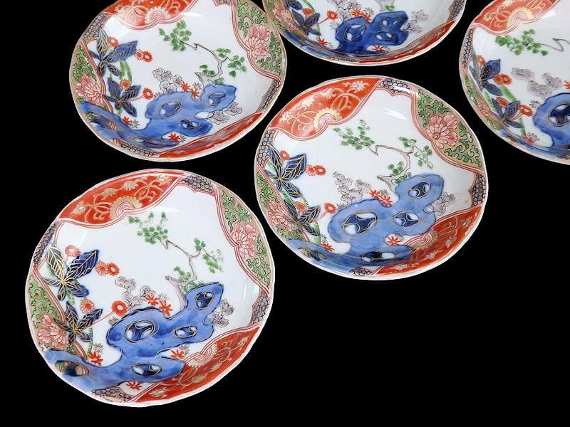 古伊万里　金襴手　岩に花の図　４寸皿　５枚　D467AS-CVt