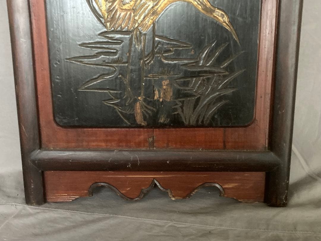 李朝 木彫 壁飾り 漆塗花鳥図金彩彫 民画 中国美術 朝鮮美術 時代物