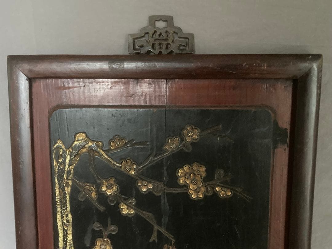 李朝 木彫 壁飾り 漆塗花鳥図金彩彫 民画 中国美術 朝鮮美術 時代物