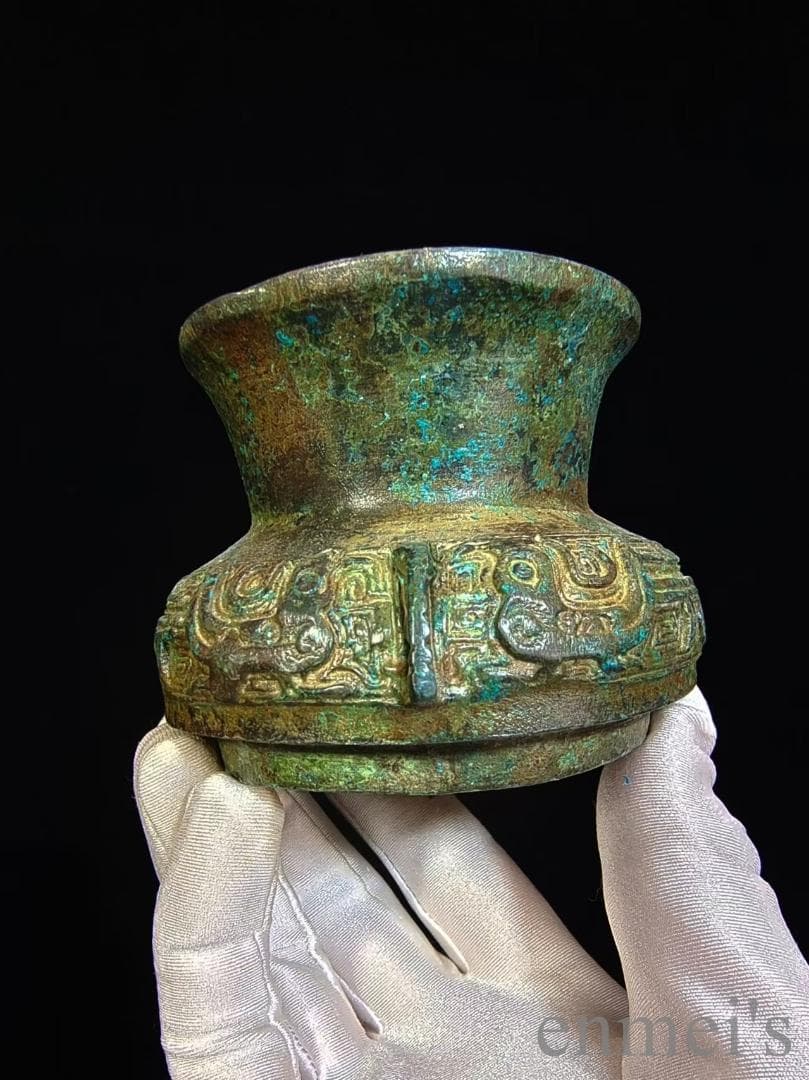 中国古美術 旧蔵 商周款 青銅製 銘文器皿《魚鱗文壺》純銅製 高浮彫 酒器 水壺