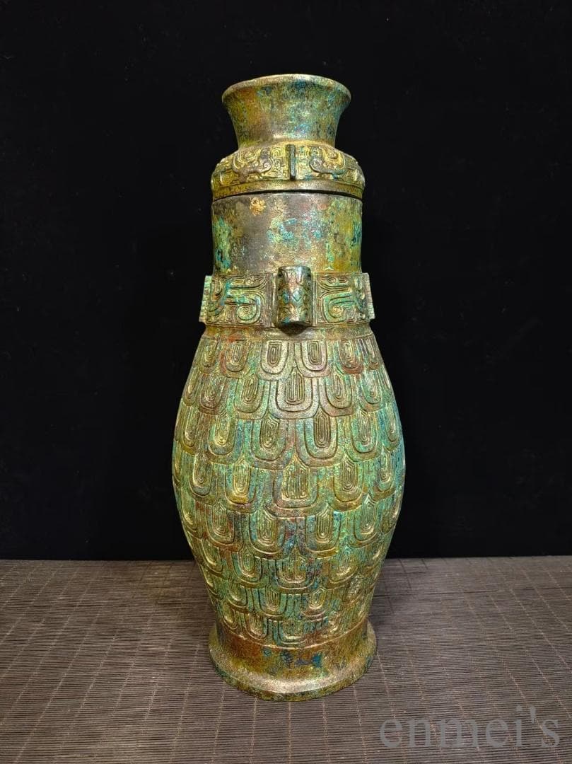 中国古美術 旧蔵 商周款 青銅製 銘文器皿《魚鱗文壺》純銅製 高浮彫 酒器 水壺