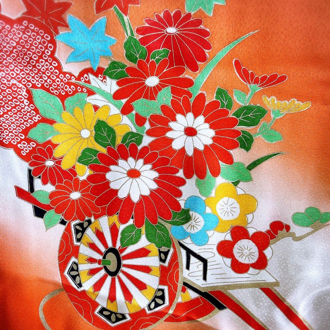 七五三　7歳　女の子　着物フルセット　小物セット　オレンジ　金糸　5231