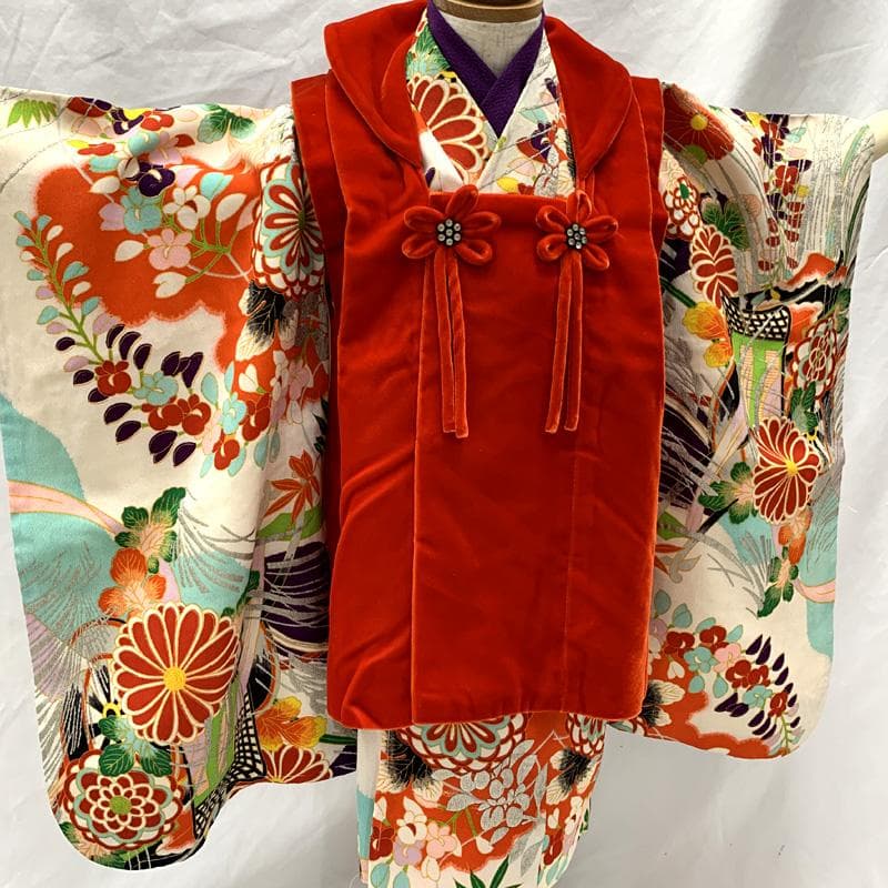 510ag63□七五三 三歳 アンティーク 着物&被布 銀彩 御所車□状態良好