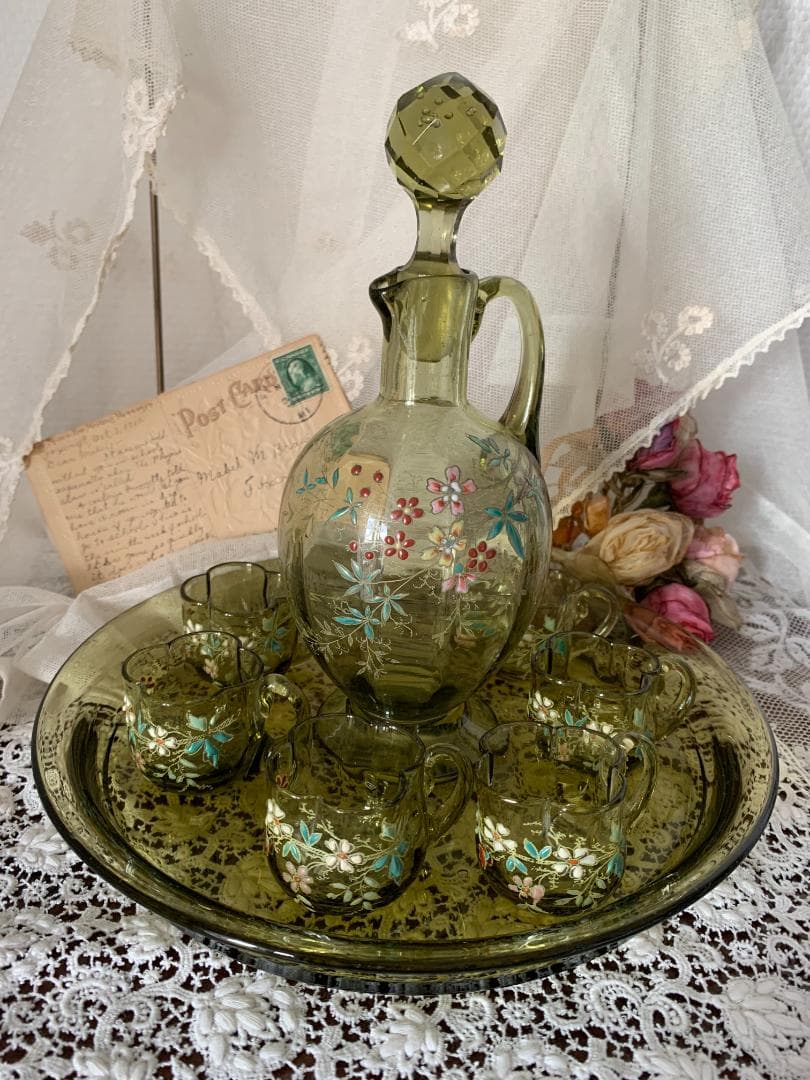 ✨特別価格✨エナメル絵吹きガラスカラフェ・リキュールグラスセットアンティーク