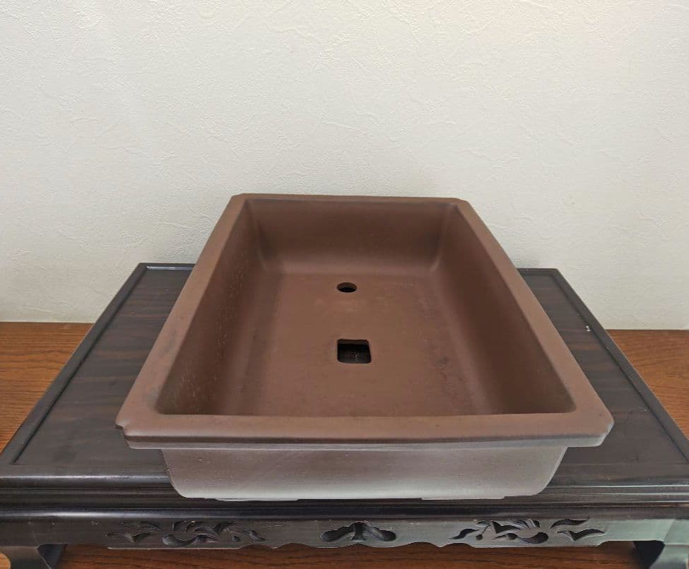 陶器製長方形盆栽鉢 大型　落款あり 約45.5cm ×32.5cm×11.5cm