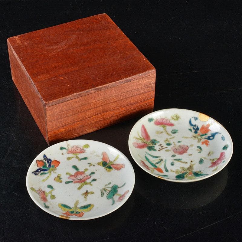 中国　民国　粉彩　花蝶文盤　小皿　二客　時代箱付　C　R6471