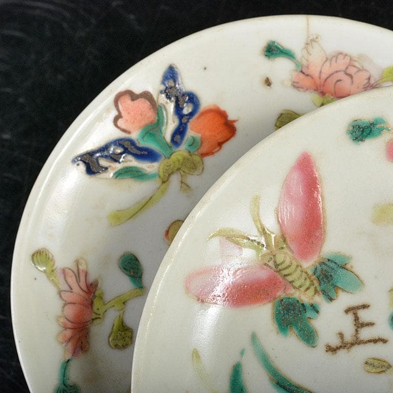 中国　民国　粉彩　花蝶文盤　小皿　二客　時代箱付　C　R6471