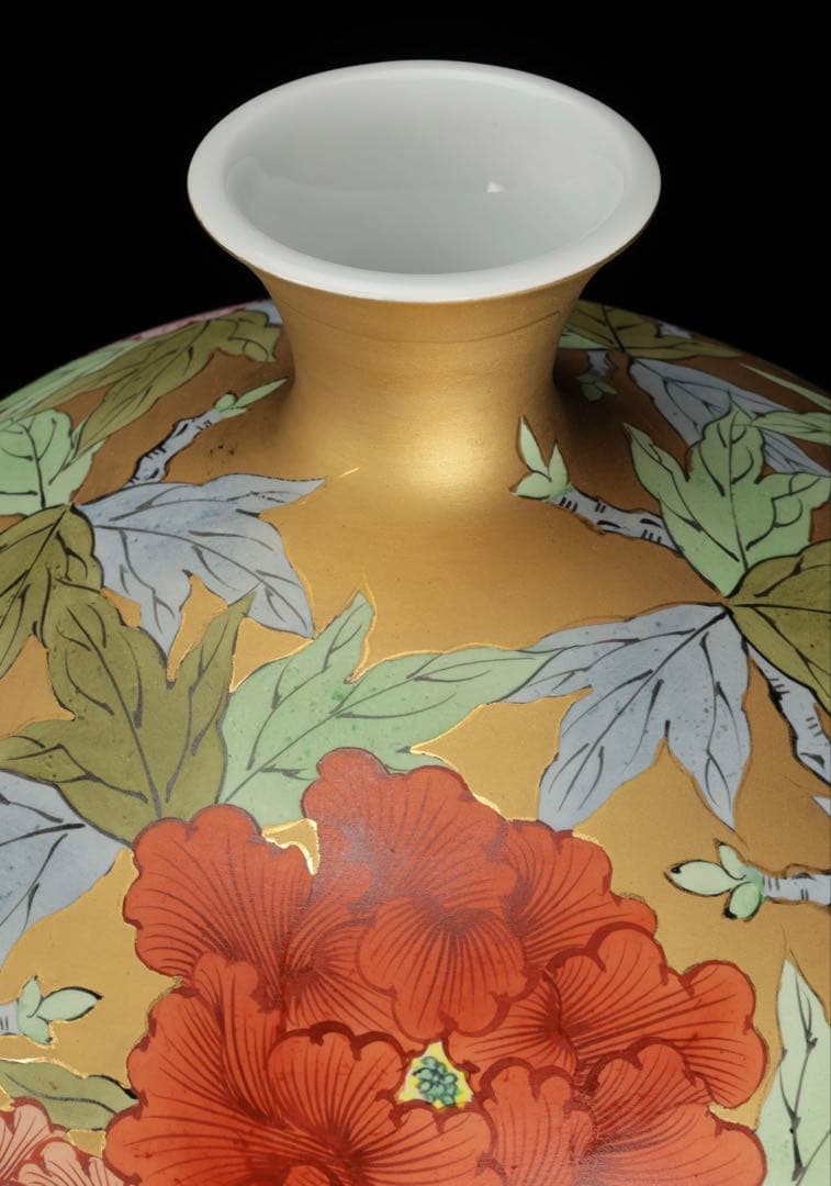 時代物 肥前 有田焼 金濃色絵牡丹文 花瓶 飾壺 骨董 古美術 在銘 高さ42㎝