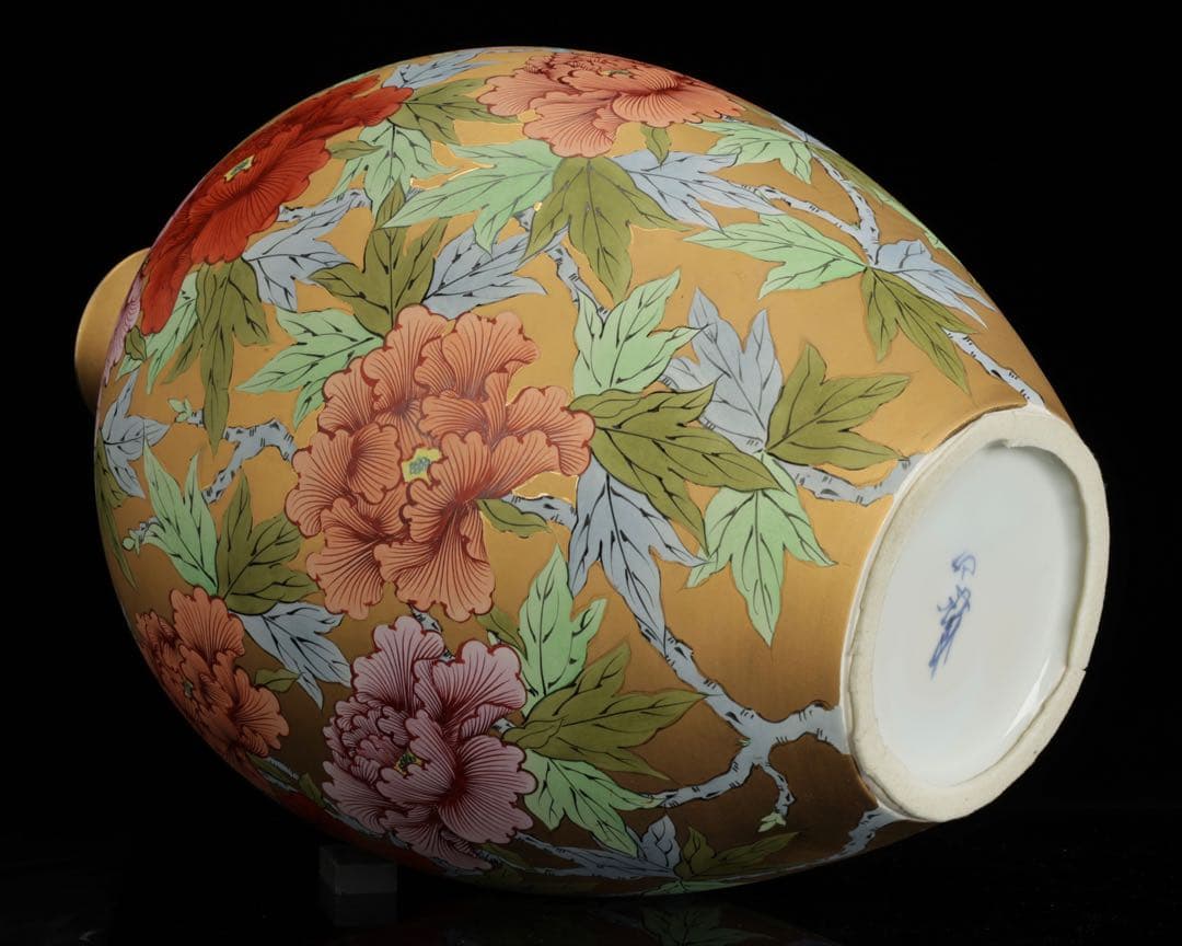 時代物 肥前 有田焼 金濃色絵牡丹文 花瓶 飾壺 骨董 古美術 在銘 高さ42㎝