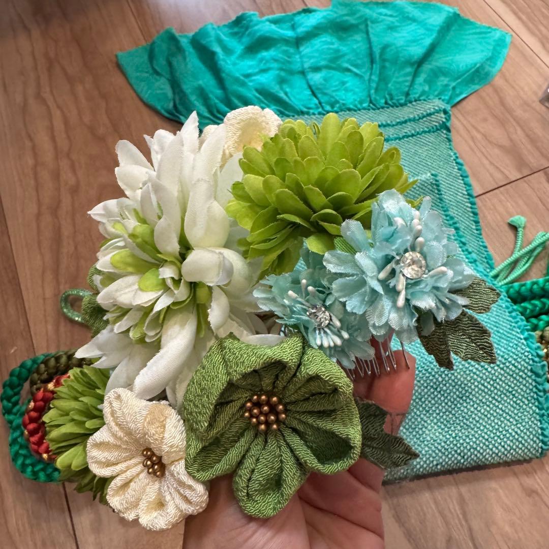 超美品　振袖　帯揚　帯締　髪飾　半衿　6点セット　着物小物　ターコイズブルー