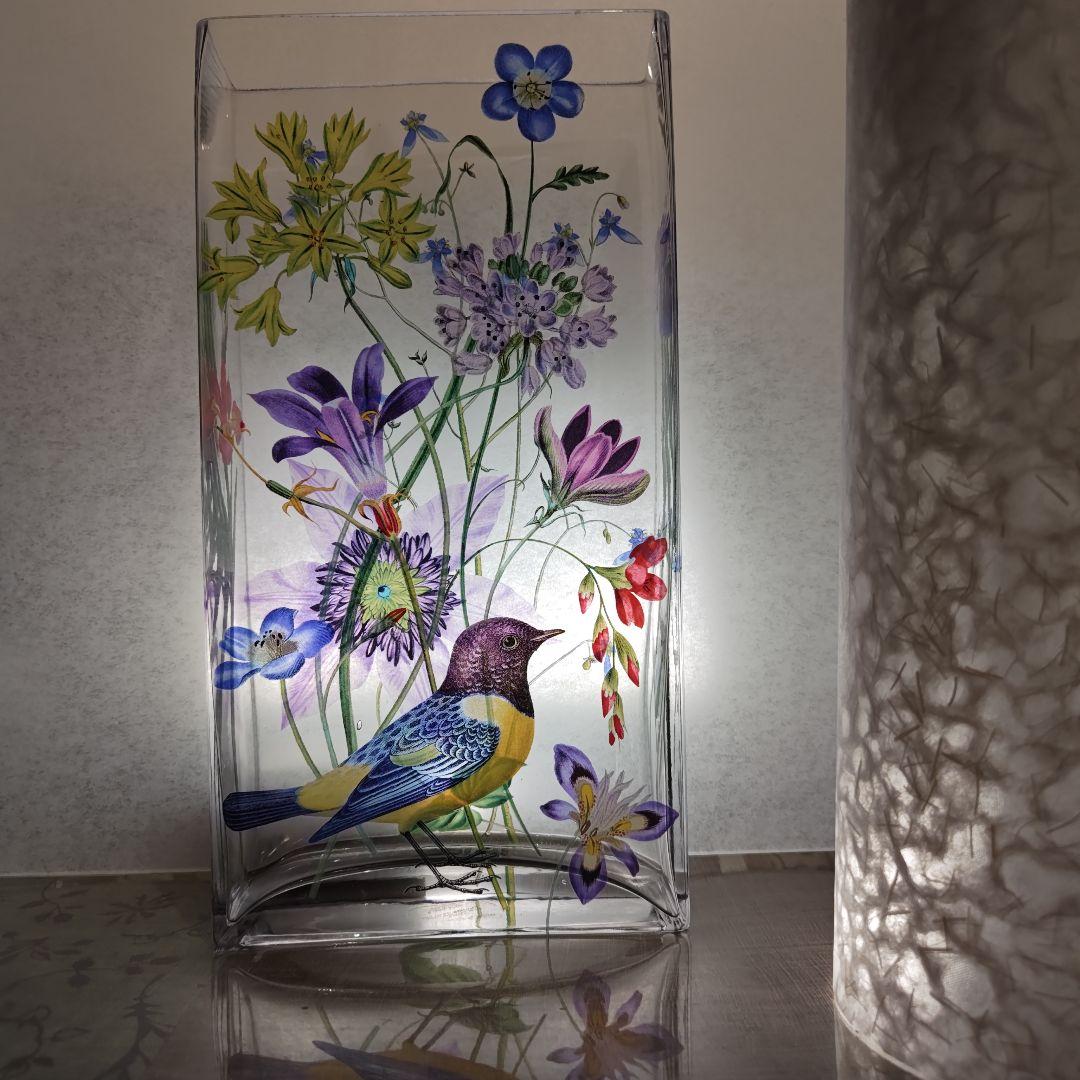 フリンジ ガラスアート 花瓶 フラワーベース 鳥 植物 花 絵画風