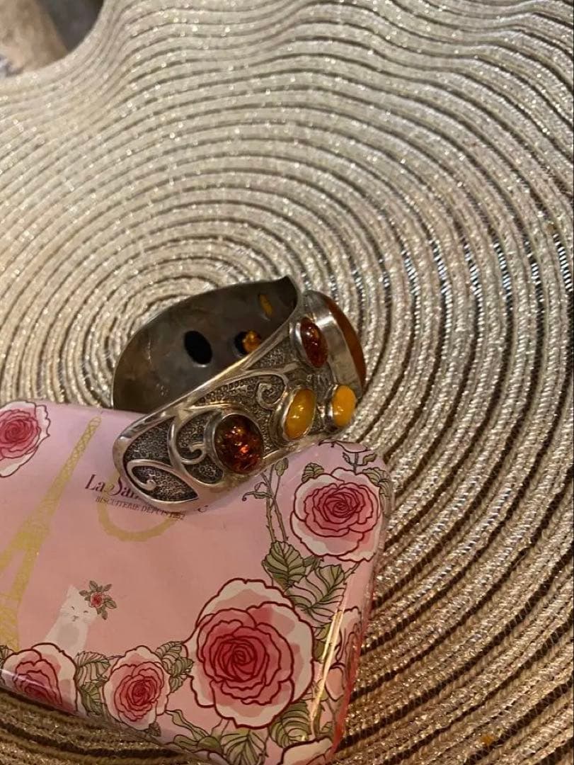 シルバー琥珀カフブレスレット