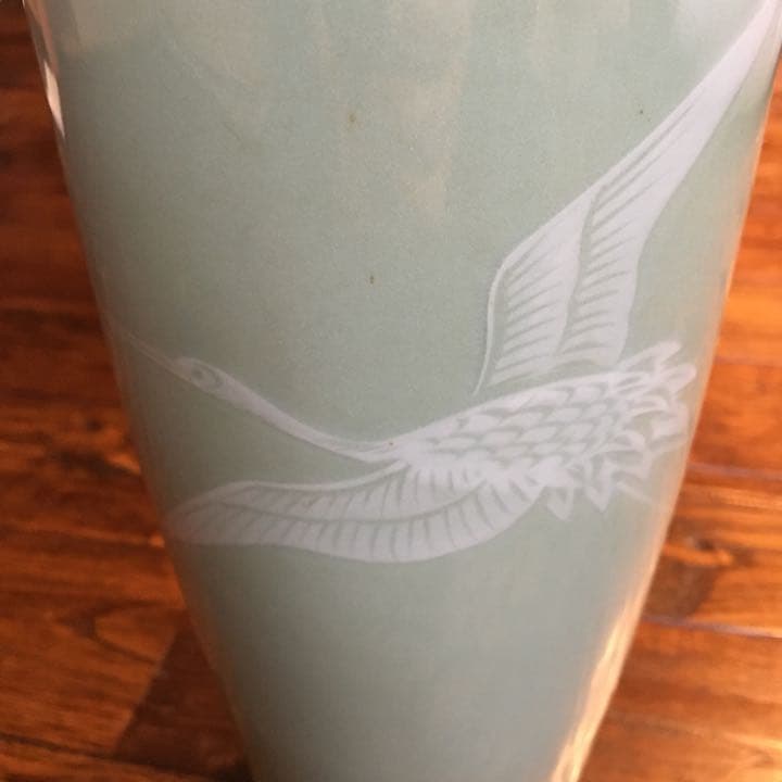 経年70年以上 清水焼 青磁 『鶴』花瓶 花器 花入 壺 飾り壺 時代物 骨董品