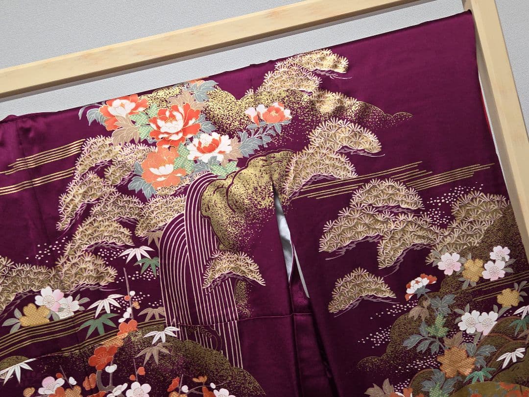 B5◆着物くつろぎ 扇面花模様 金彩 金駒刺繍 袷 正絹 成人式 振袖 着物