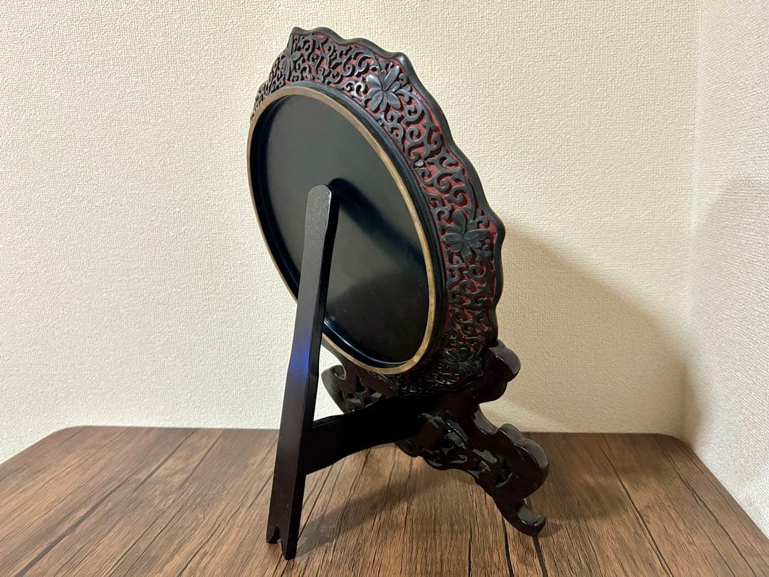 牡丹彫刻 堆朱 堆黒 中国美術 皿立て付き