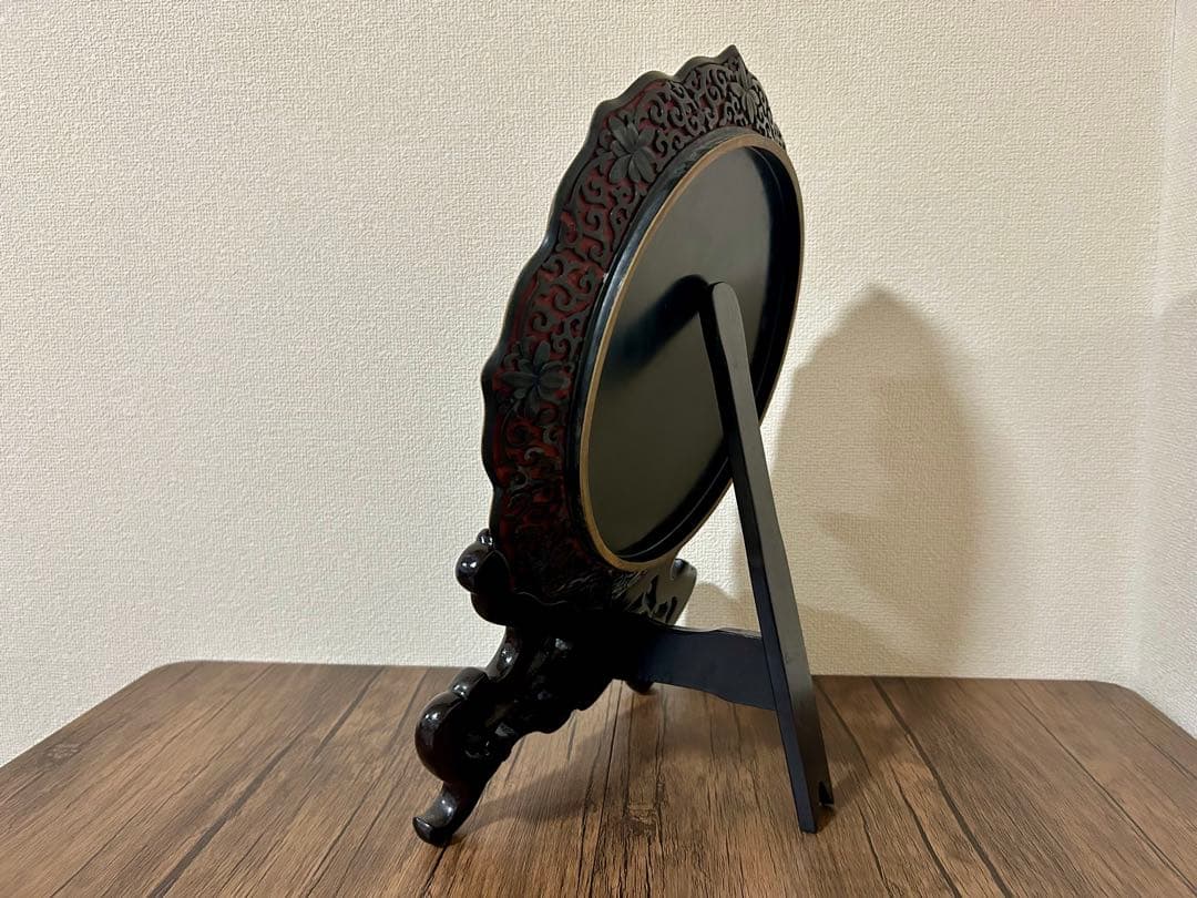 牡丹彫刻 堆朱 堆黒 中国美術 皿立て付き