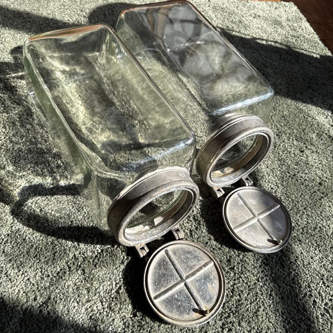 開閉蓋　駄菓子瓶ガラス　菓子屋古硝子　古道具和硝子2個　昭和レトロアンティーク