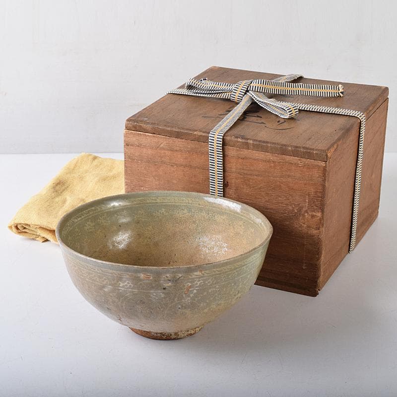 朝鮮美術　李朝　高麗青磁　象嵌花文　大茶碗　時代箱付　M　R8448