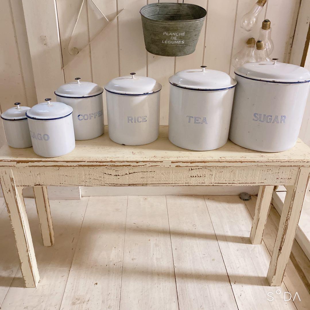 フランス　アンティーク　ホーローキャニスター6個セット ホワイト