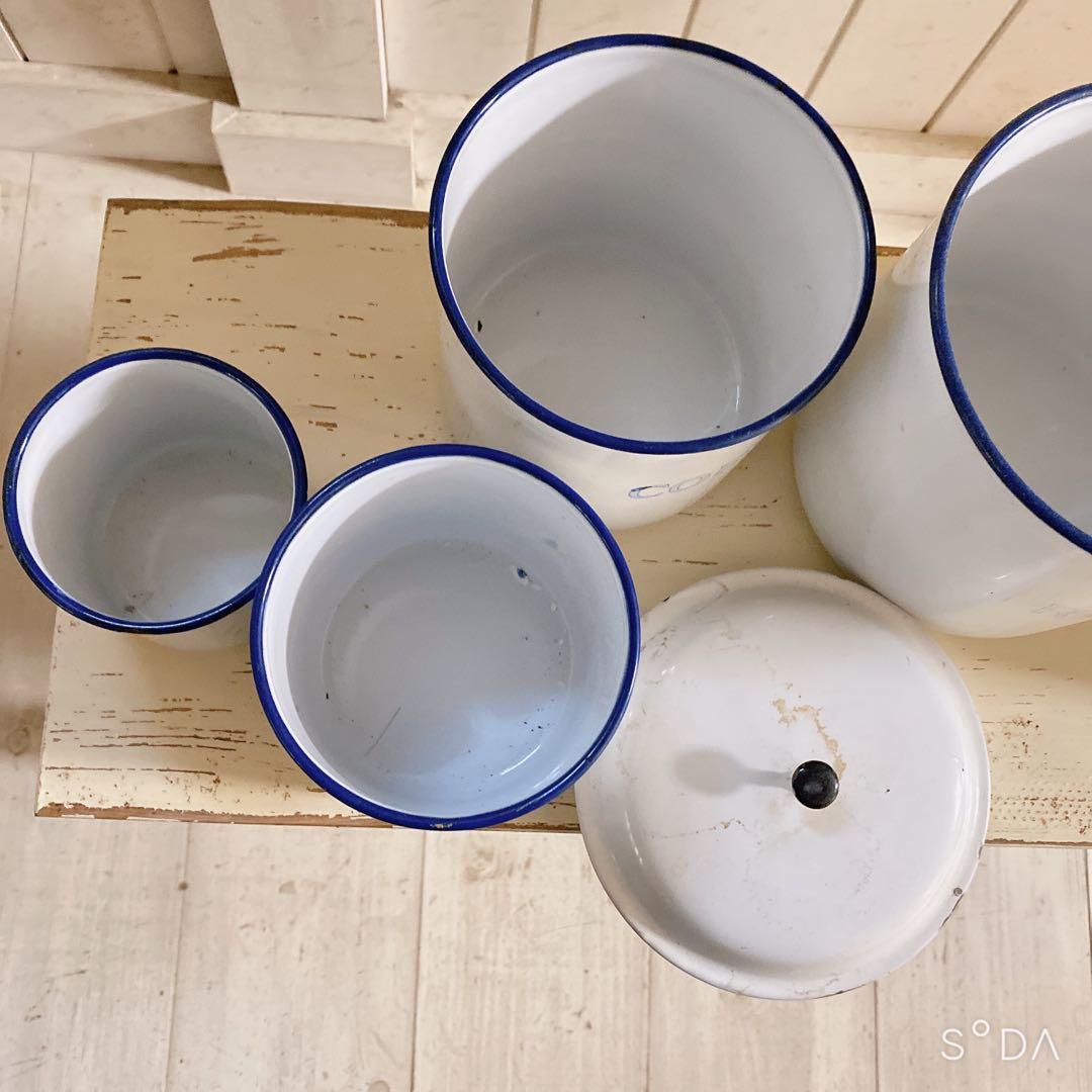 フランス　アンティーク　ホーローキャニスター6個セット ホワイト