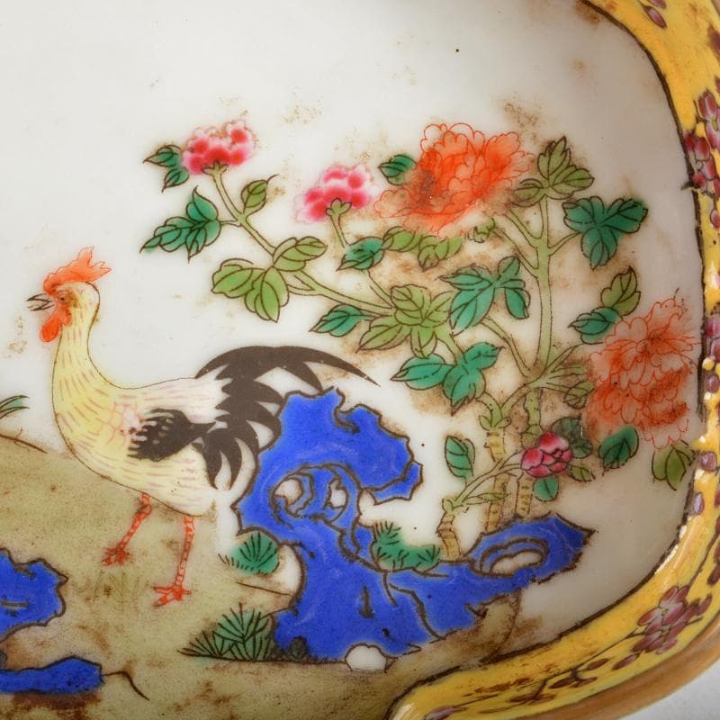 中国　乾隆年製款　粉彩　山水人物鶏文　木瓜形皿　M　R5163E