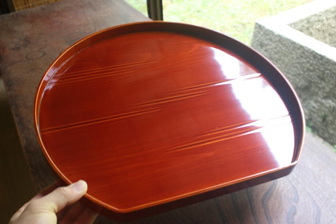 専用！優美な拭き漆の映える春慶塗の半月盆5点（検漆器漆盆茶道具お盆お膳