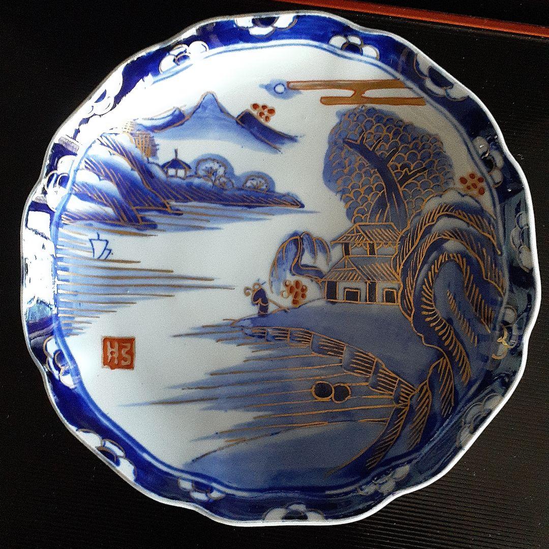 6客古伊万里、金彩染付け皿