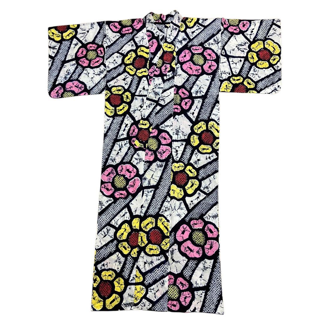 有松鳴海絞り 浴衣 ホワイト ネイビー 花柄 黄色 ピンク 綿 裄69cm 手縫