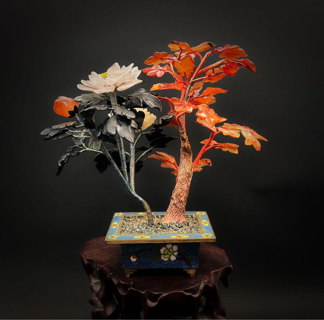 中国美術 古玩 七宝焼　玉石 瑪瑙 翡翠 彫刻 盆栽置物