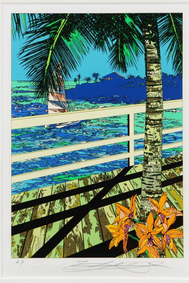 Y2370-2 鈴木英人【二人のウォーターフロント】シルク 直筆サイン AP