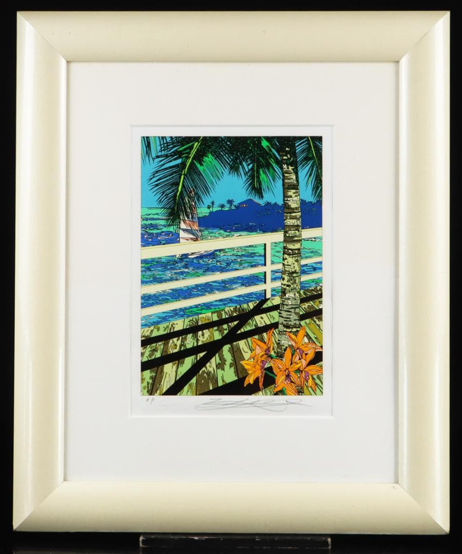 Y2370-2 鈴木英人【二人のウォーターフロント】シルク 直筆サイン AP