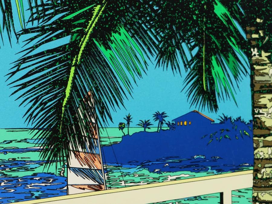 Y2370-2 鈴木英人【二人のウォーターフロント】シルク 直筆サイン AP