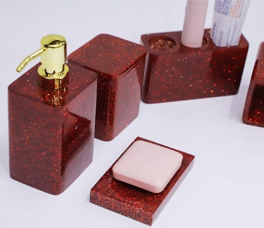 セール中♥Suanti レッド バスルームアクセサリーセット 5点