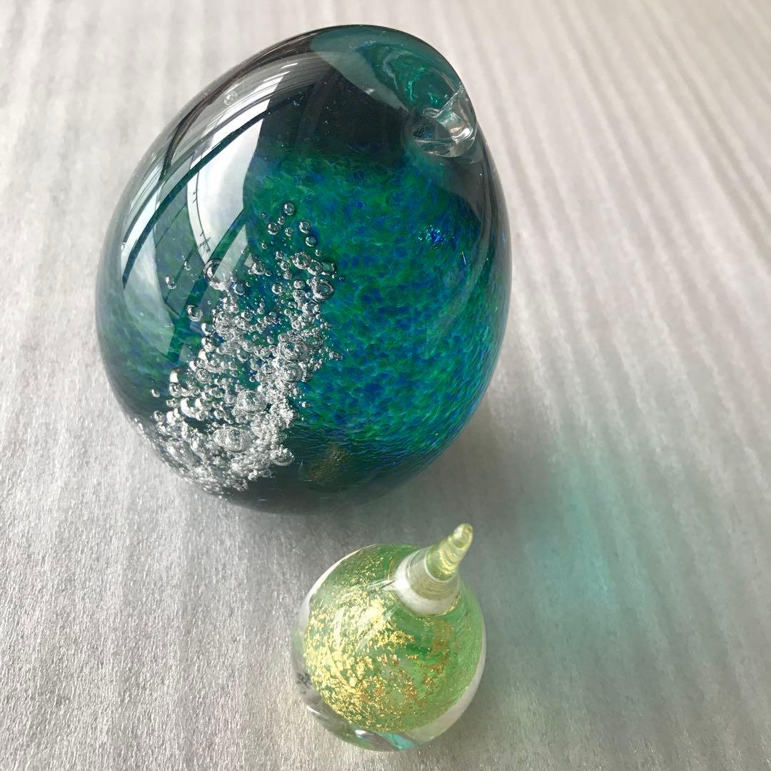 大正硝子舘　卵型ガラスアート 青緑　置物　特注