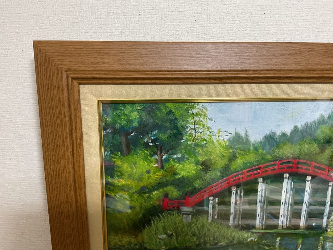 油彩画　「　ハスと太鼓橋　」　原画　額付　P10号