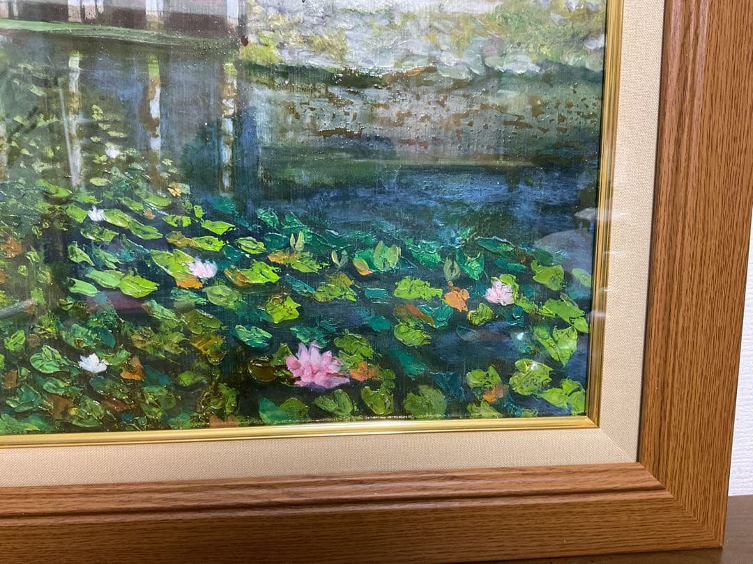 油彩画　「　ハスと太鼓橋　」　原画　額付　P10号