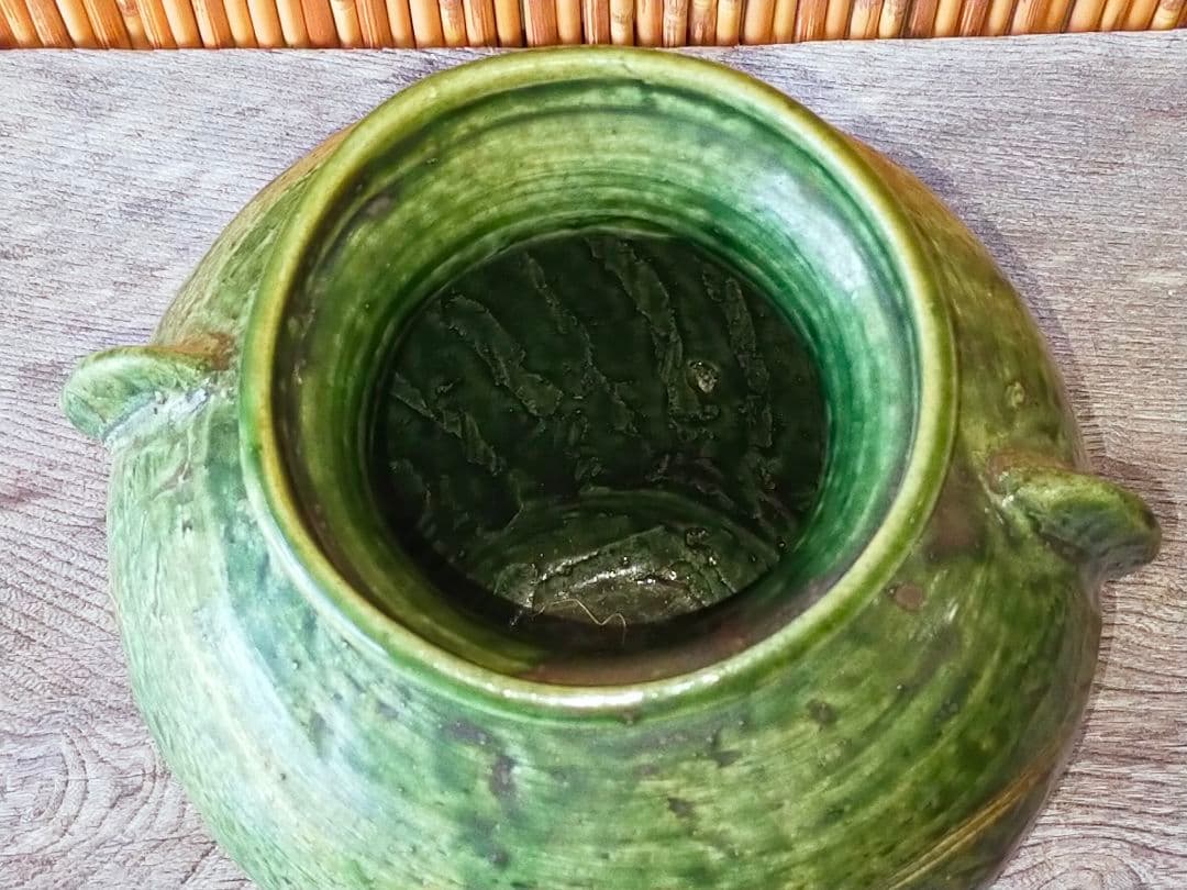 ♥魯山人写し　織部　秋草文　双耳　花器　桐箱付き　花瓶　骨董品