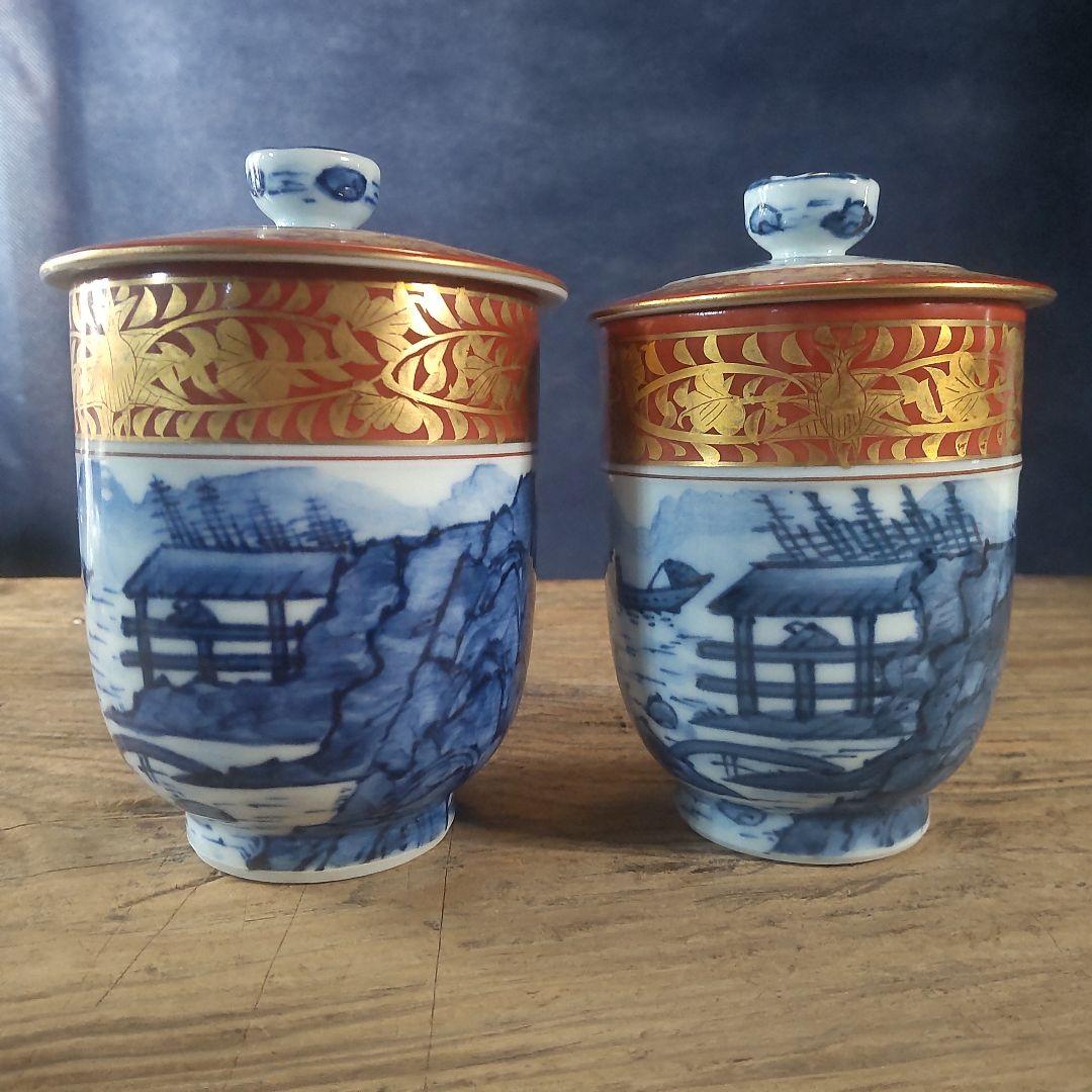 京焼 清水焼 金襴青華山夫婦茶碗　五座五重　2点セット