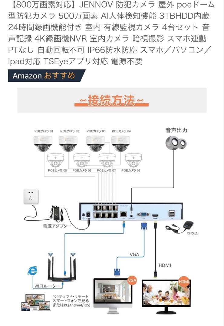 JENNOV 防犯カメラ 500万画素 4台セット 3TB HDD内蔵　ほぼ新品