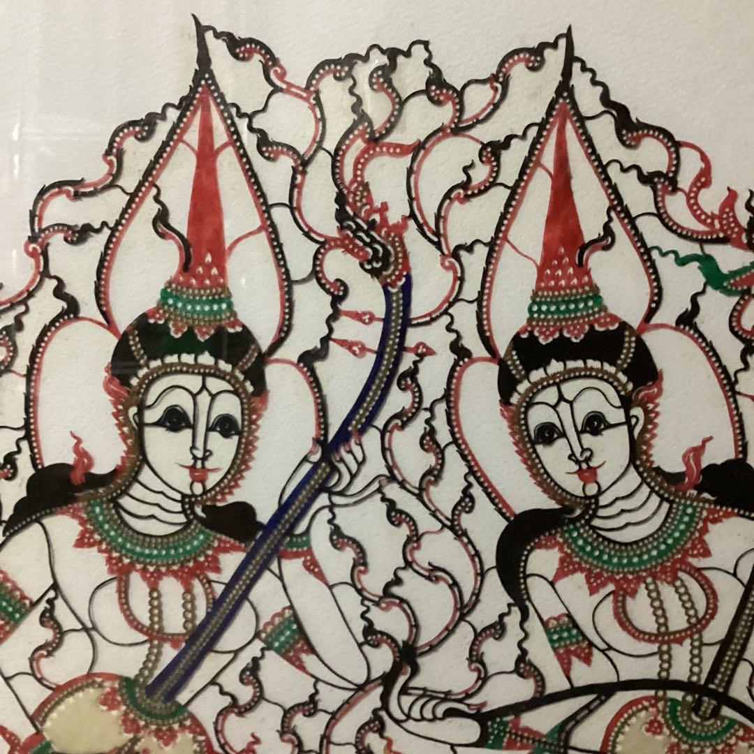 インドネシア　民芸品　布製カロチャ刺繍調　リシェリュ風カットワーク 　木枠額装