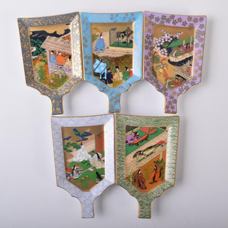 茶道具　栗野芳葉作　色絵　源氏物語絵巻図　羽子板小皿　五客　共箱　V　7784